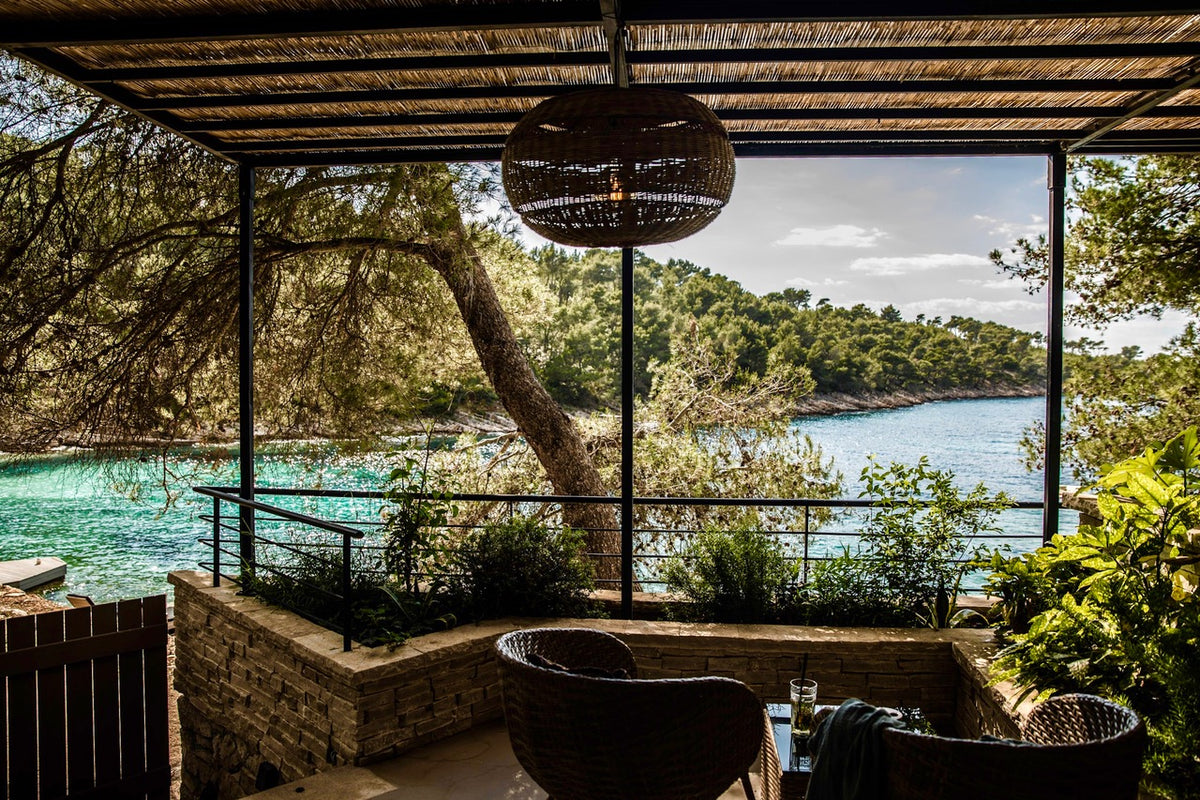 Shaded terrace looking out over Lozna Bay, Little Green Bay, Hvar