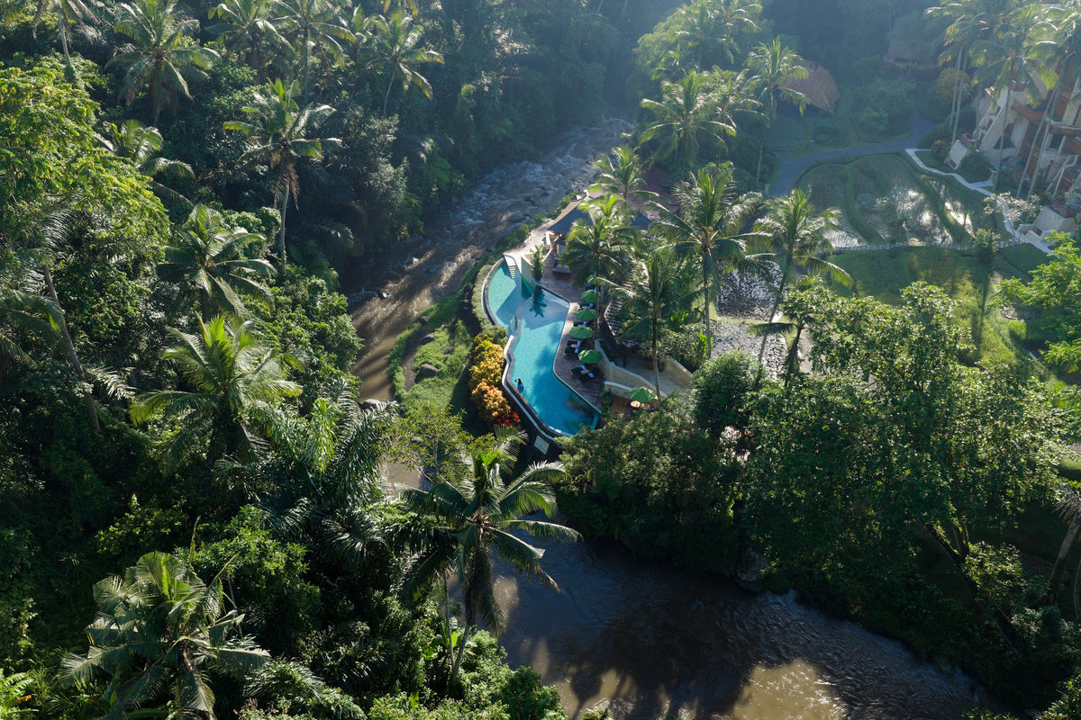 Aerial view of Four Seasons Resort Bali at Sayan above the Ayung River